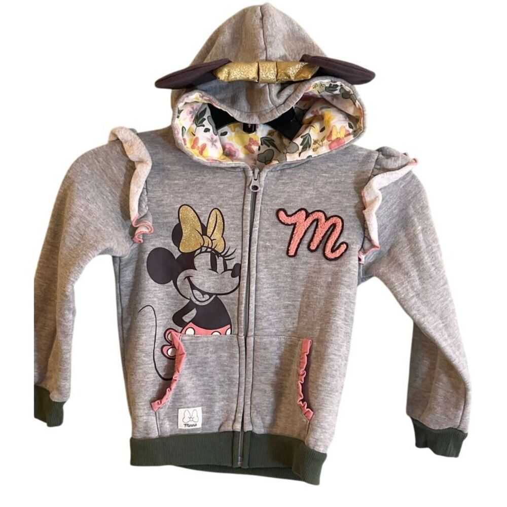 Disney‎ Youth Minnie Mouse Gray Ear Hoodie Ruffled Pockets Gold Bow